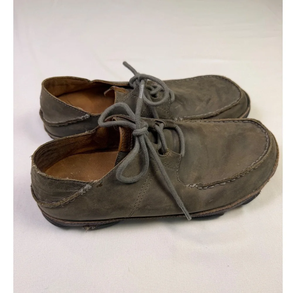 Olukai Ohana Lace Up‎ Nubuck Leather Moc Toe Shoes Mens 9 Grey Brown 10171-4T63